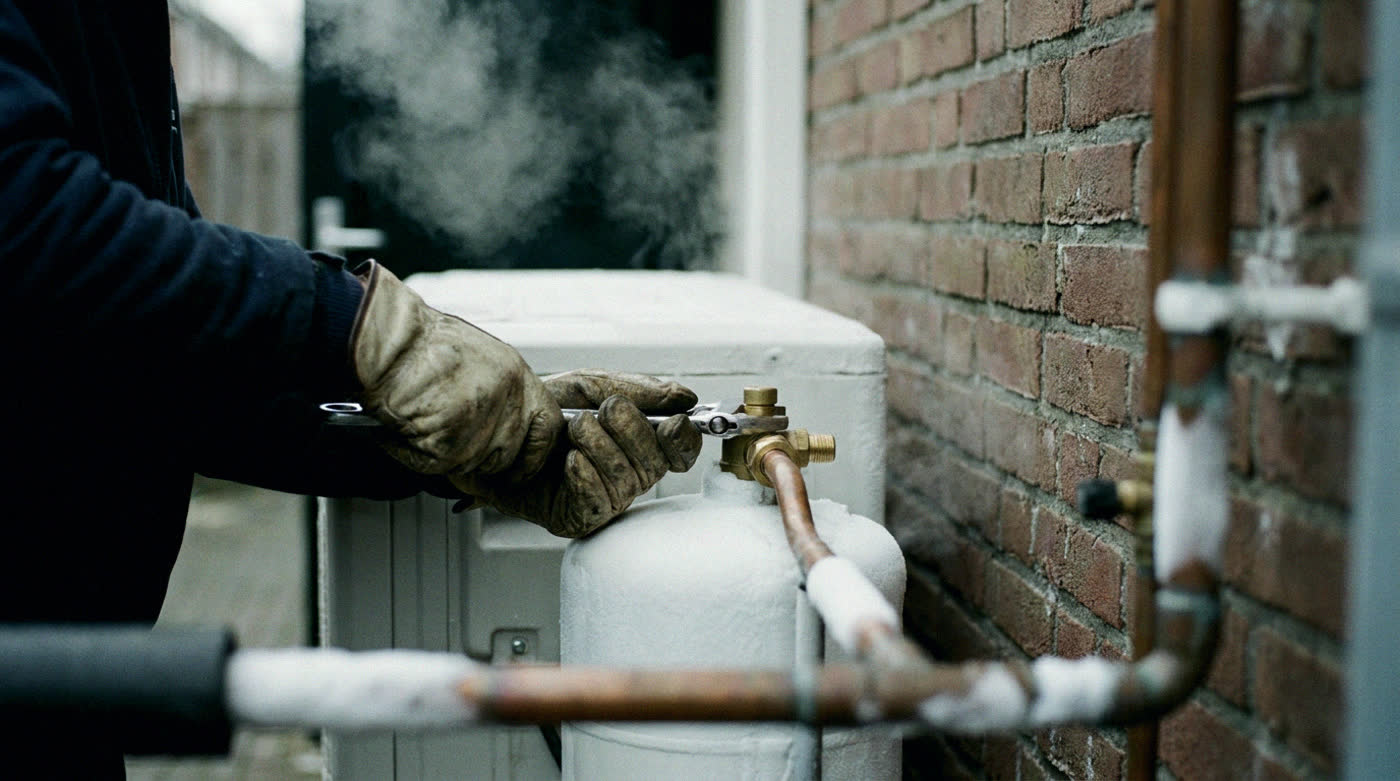 Monteur sluit een warmtepomp aan